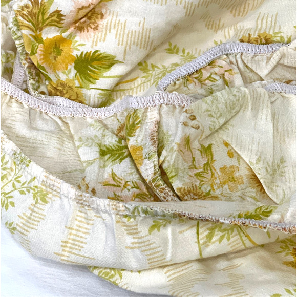 Vtg 70s Full Sheets Flat Fitted 2 Piece Set Green Gold Floral Bouquet Cottage - Picture 5 of 8